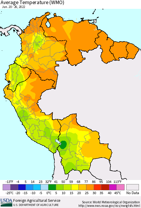 Northern South America Average Temperature (WMO) Thematic Map For 6/20/2022 - 6/26/2022