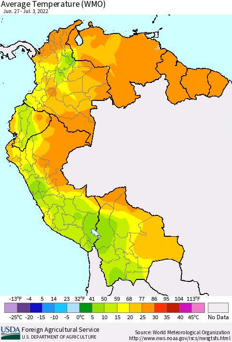 Northern South America Average Temperature (WMO) Thematic Map For 6/27/2022 - 7/3/2022