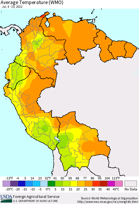 Northern South America Average Temperature (WMO) Thematic Map For 7/4/2022 - 7/10/2022