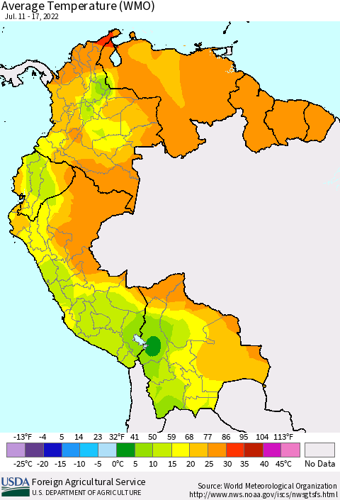 Northern South America Average Temperature (WMO) Thematic Map For 7/11/2022 - 7/17/2022