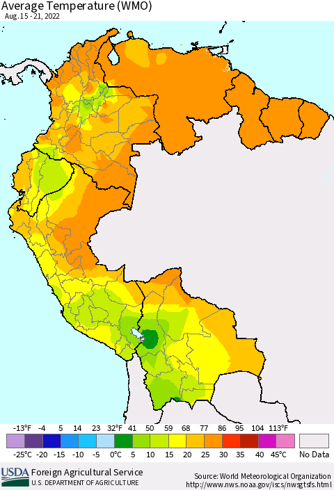 Northern South America Average Temperature (WMO) Thematic Map For 8/15/2022 - 8/21/2022