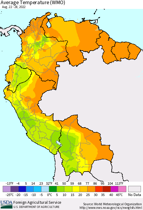 Northern South America Average Temperature (WMO) Thematic Map For 8/22/2022 - 8/28/2022