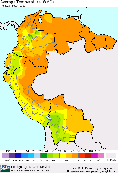 Northern South America Average Temperature (WMO) Thematic Map For 8/29/2022 - 9/4/2022