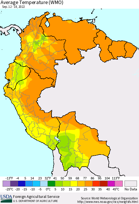 Northern South America Average Temperature (WMO) Thematic Map For 9/12/2022 - 9/18/2022