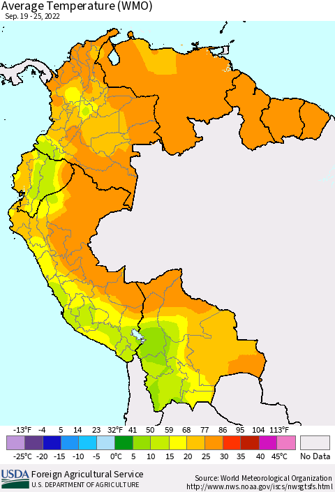 Northern South America Average Temperature (WMO) Thematic Map For 9/19/2022 - 9/25/2022