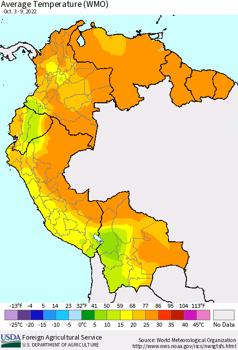 Northern South America Average Temperature (WMO) Thematic Map For 10/3/2022 - 10/9/2022