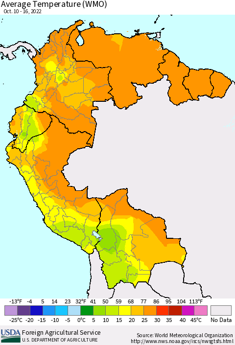 Northern South America Average Temperature (WMO) Thematic Map For 10/10/2022 - 10/16/2022