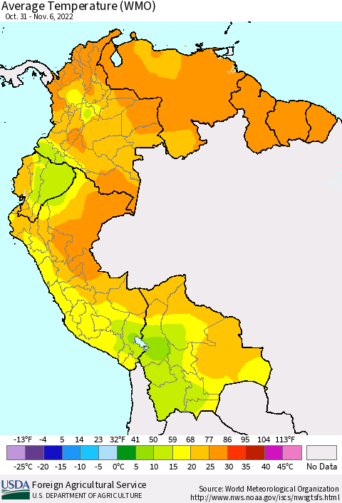 Northern South America Average Temperature (WMO) Thematic Map For 10/31/2022 - 11/6/2022