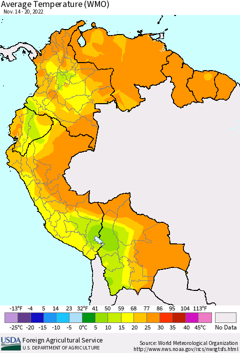 Northern South America Average Temperature (WMO) Thematic Map For 11/14/2022 - 11/20/2022