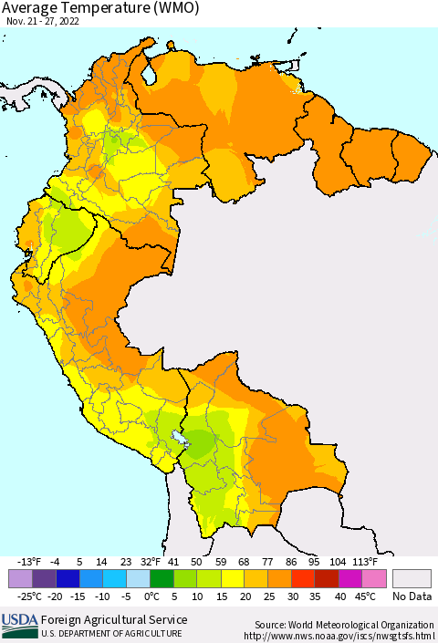 Northern South America Average Temperature (WMO) Thematic Map For 11/21/2022 - 11/27/2022