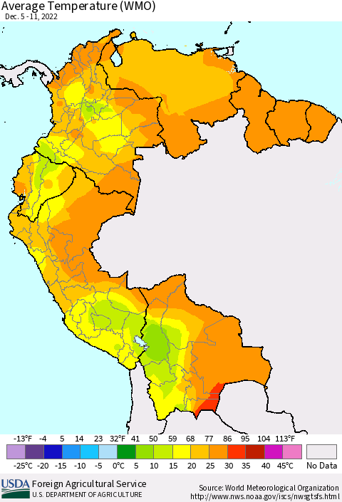 Northern South America Average Temperature (WMO) Thematic Map For 12/5/2022 - 12/11/2022