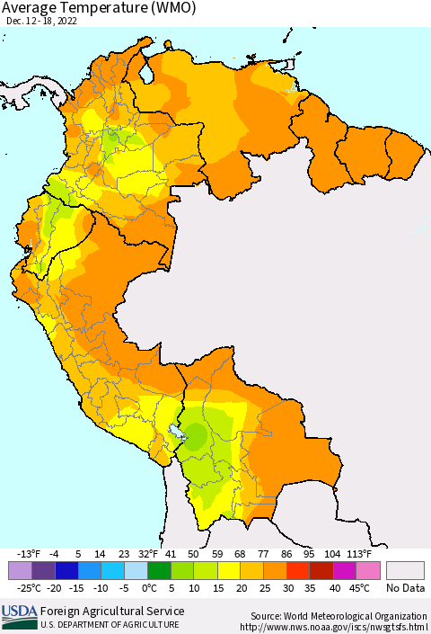 Northern South America Average Temperature (WMO) Thematic Map For 12/12/2022 - 12/18/2022