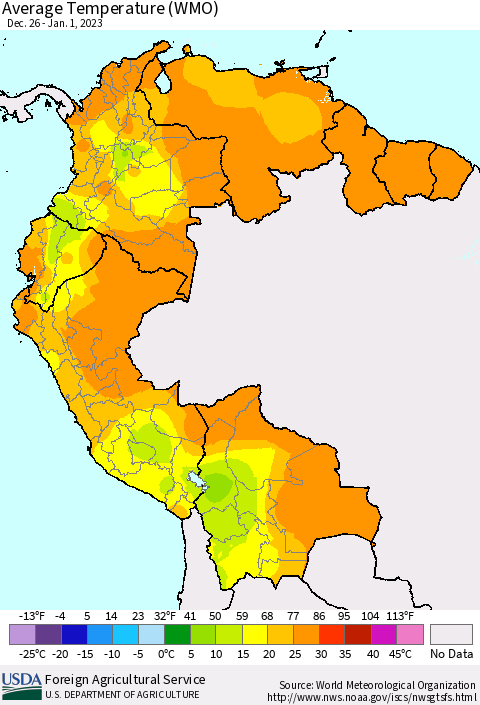 Northern South America Average Temperature (WMO) Thematic Map For 12/26/2022 - 1/1/2023