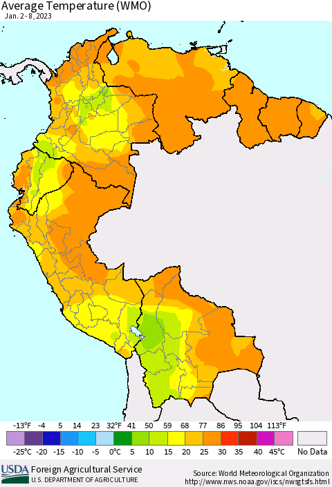 Northern South America Average Temperature (WMO) Thematic Map For 1/2/2023 - 1/8/2023