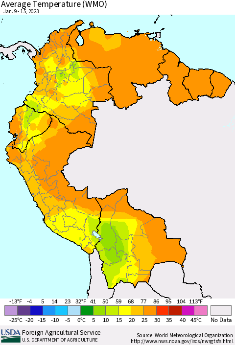 Northern South America Average Temperature (WMO) Thematic Map For 1/9/2023 - 1/15/2023