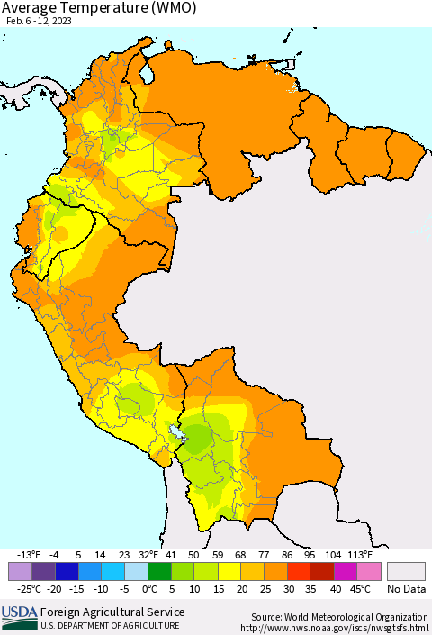 Northern South America Average Temperature (WMO) Thematic Map For 2/6/2023 - 2/12/2023