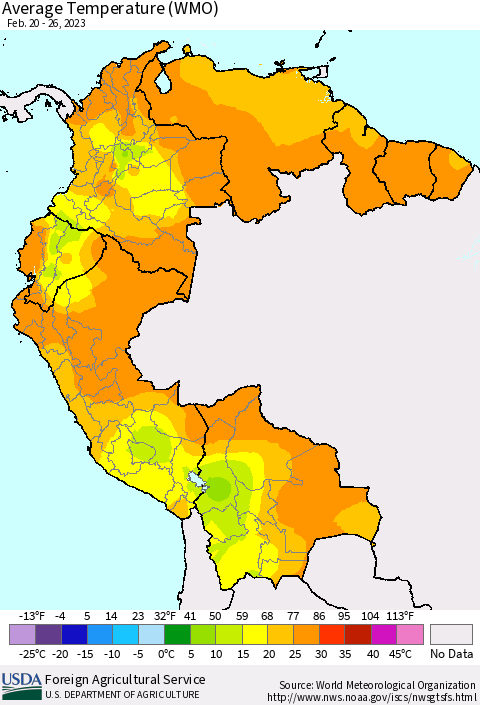 Northern South America Average Temperature (WMO) Thematic Map For 2/20/2023 - 2/26/2023