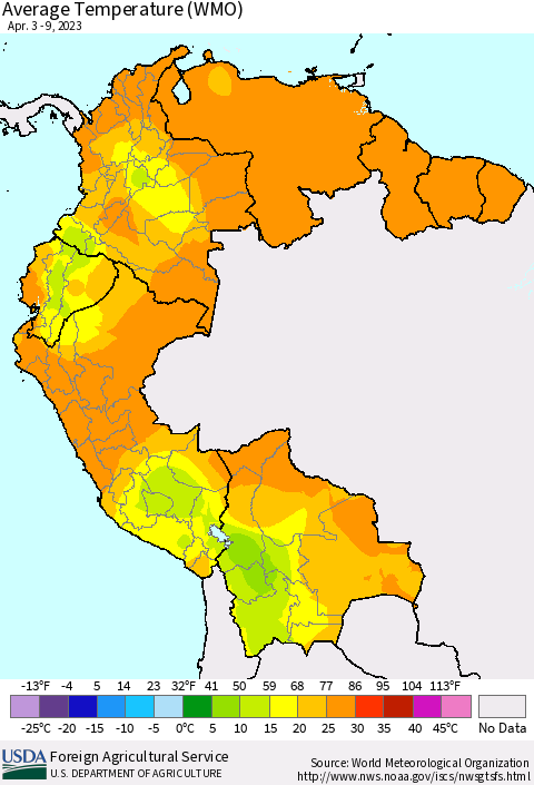 Northern South America Average Temperature (WMO) Thematic Map For 4/3/2023 - 4/9/2023