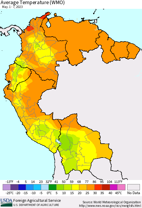 Northern South America Average Temperature (WMO) Thematic Map For 5/1/2023 - 5/7/2023