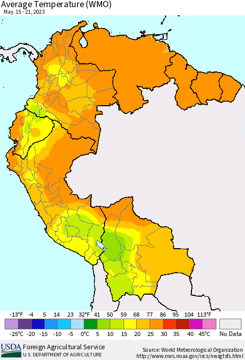 Northern South America Average Temperature (WMO) Thematic Map For 5/15/2023 - 5/21/2023