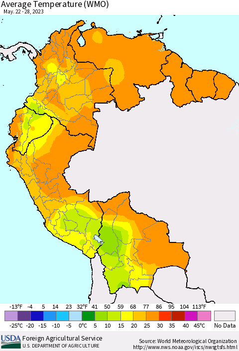 Northern South America Average Temperature (WMO) Thematic Map For 5/22/2023 - 5/28/2023