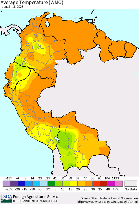 Northern South America Average Temperature (WMO) Thematic Map For 6/5/2023 - 6/11/2023