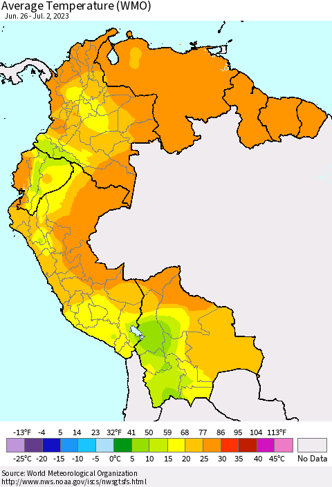 Northern South America Average Temperature (WMO) Thematic Map For 6/26/2023 - 7/2/2023