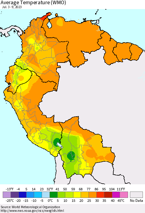 Northern South America Average Temperature (WMO) Thematic Map For 7/3/2023 - 7/9/2023