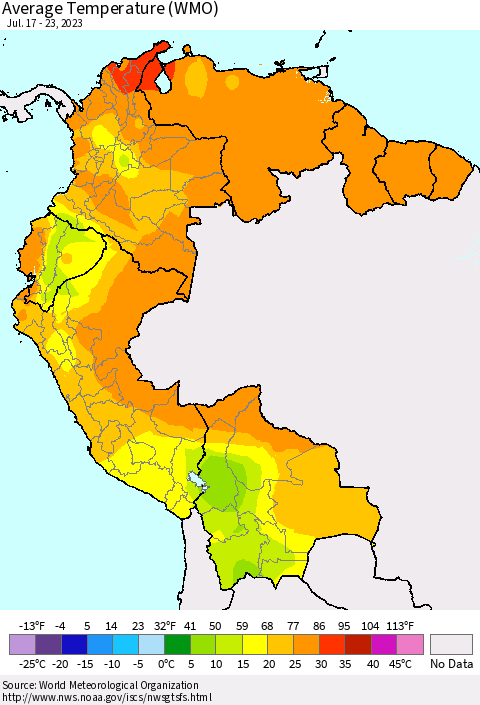 Northern South America Average Temperature (WMO) Thematic Map For 7/17/2023 - 7/23/2023