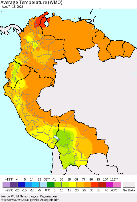 Northern South America Average Temperature (WMO) Thematic Map For 8/7/2023 - 8/13/2023