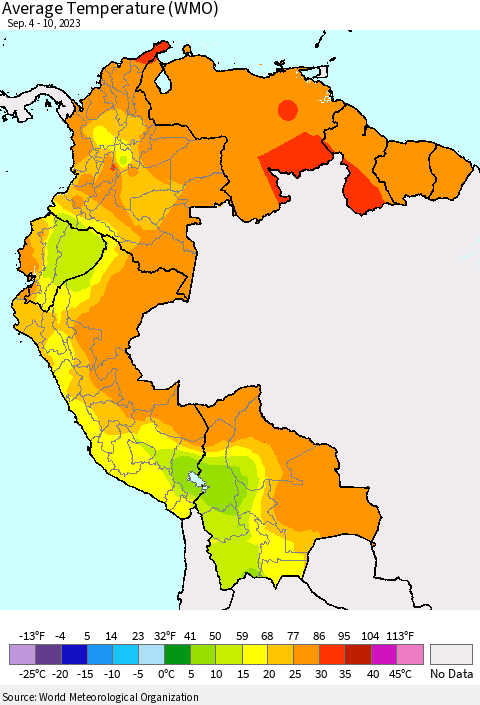 Northern South America Average Temperature (WMO) Thematic Map For 9/4/2023 - 9/10/2023