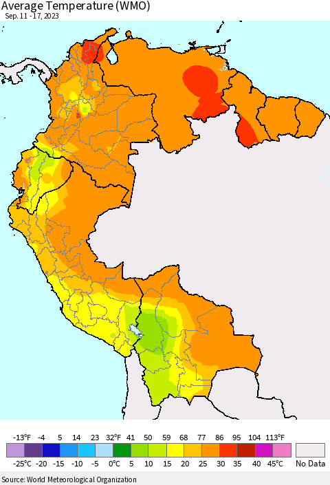 Northern South America Average Temperature (WMO) Thematic Map For 9/11/2023 - 9/17/2023