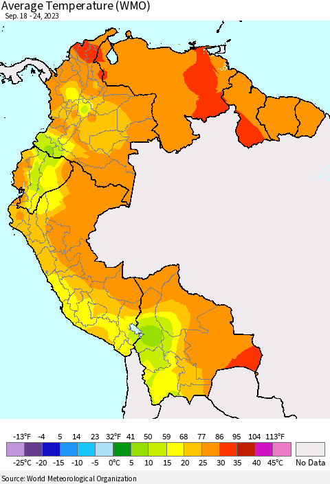 Northern South America Average Temperature (WMO) Thematic Map For 9/18/2023 - 9/24/2023