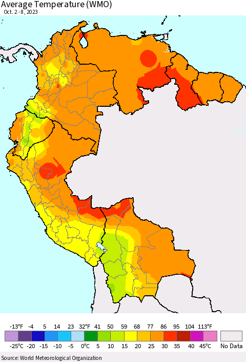 Northern South America Average Temperature (WMO) Thematic Map For 10/2/2023 - 10/8/2023