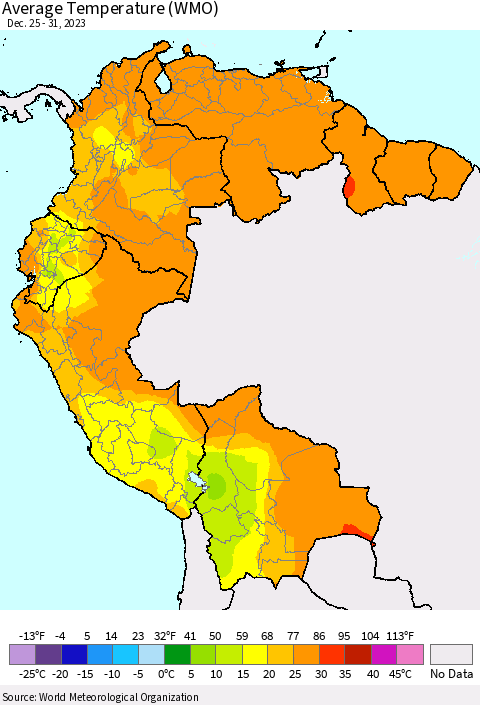 Northern South America Average Temperature (WMO) Thematic Map For 12/25/2023 - 12/31/2023