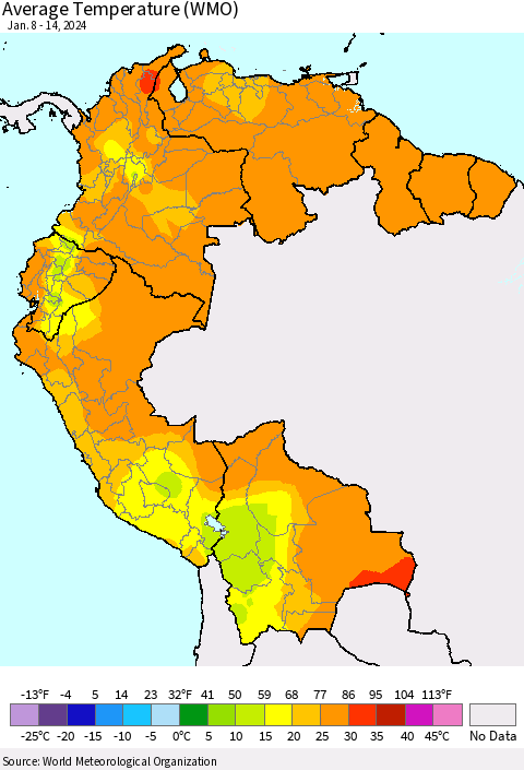 Northern South America Average Temperature (WMO) Thematic Map For 1/8/2024 - 1/14/2024