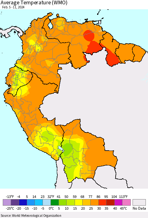 Northern South America Average Temperature (WMO) Thematic Map For 2/5/2024 - 2/11/2024