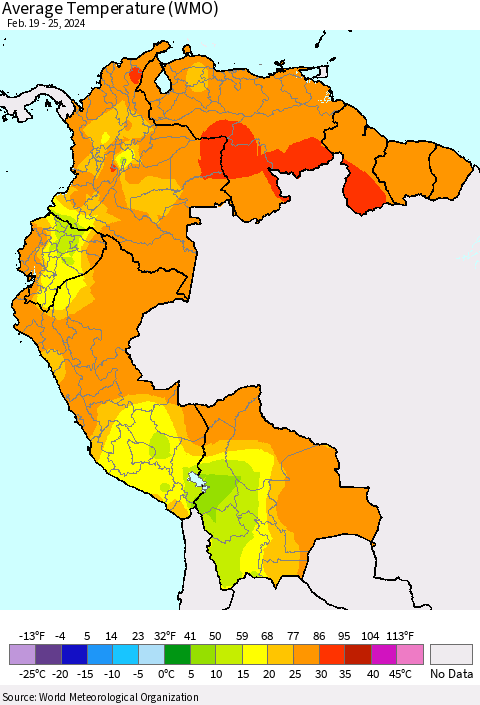 Northern South America Average Temperature (WMO) Thematic Map For 2/19/2024 - 2/25/2024