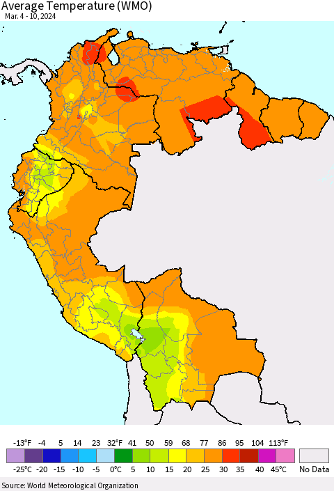 Northern South America Average Temperature (WMO) Thematic Map For 3/4/2024 - 3/10/2024
