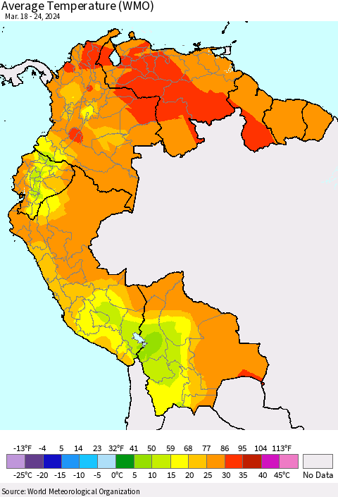 Northern South America Average Temperature (WMO) Thematic Map For 3/18/2024 - 3/24/2024