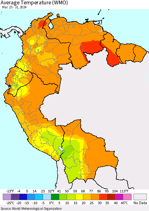 Northern South America Average Temperature (WMO) Thematic Map For 3/25/2024 - 3/31/2024