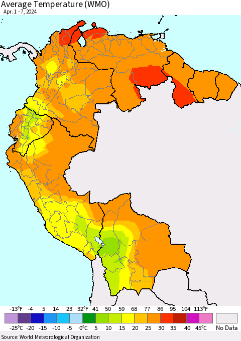 Northern South America Average Temperature (WMO) Thematic Map For 4/1/2024 - 4/7/2024