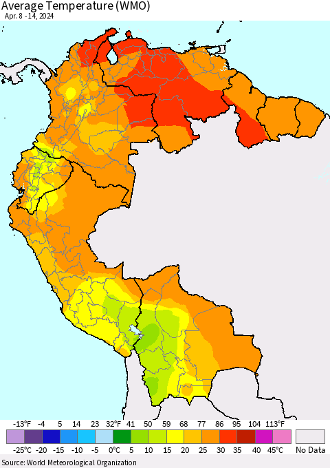 Northern South America Average Temperature (WMO) Thematic Map For 4/8/2024 - 4/14/2024
