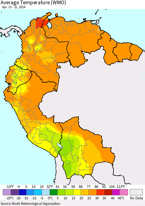 Northern South America Average Temperature (WMO) Thematic Map For 4/15/2024 - 4/21/2024