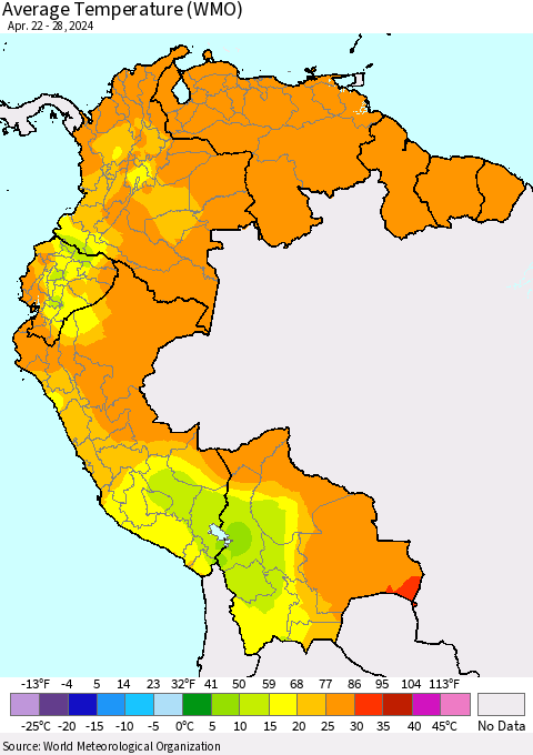 Northern South America Average Temperature (WMO) Thematic Map For 4/22/2024 - 4/28/2024
