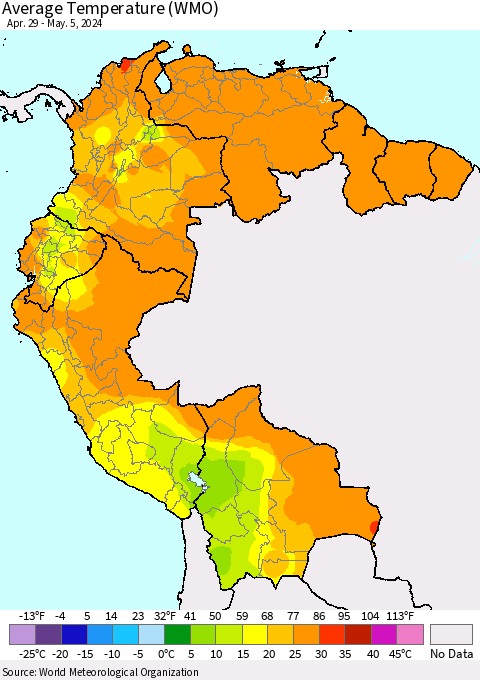 Northern South America Average Temperature (WMO) Thematic Map For 4/29/2024 - 5/5/2024