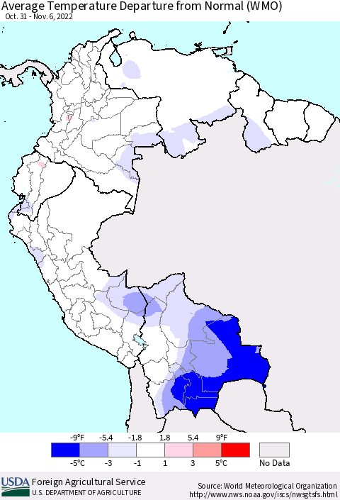 Northern South America Average Temperature Departure from Normal (WMO) Thematic Map For 10/31/2022 - 11/6/2022