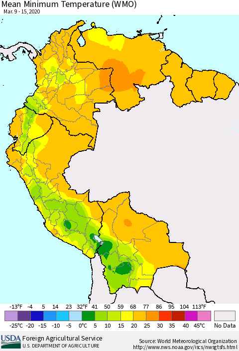 Northern South America Minimum Temperature (WMO) Thematic Map For 3/9/2020 - 3/15/2020