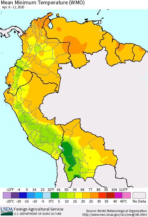 Northern South America Minimum Temperature (WMO) Thematic Map For 4/6/2020 - 4/12/2020