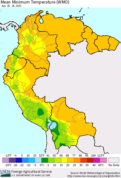 Northern South America Minimum Temperature (WMO) Thematic Map For 4/20/2020 - 4/26/2020